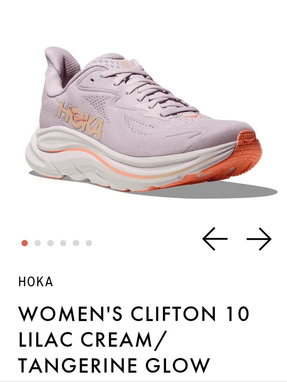HOKA WOMEN'S Size 9.5 CLIFTON 10 LILAC CREAM/TANGERINE GLOW